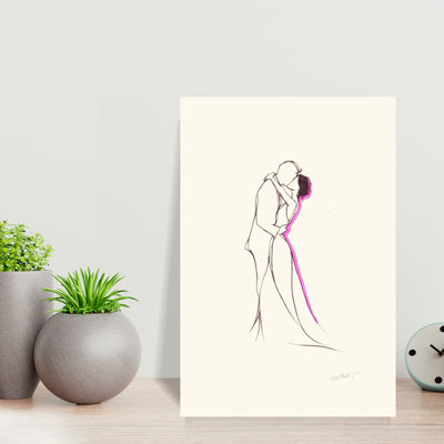 Elegant Line Art Illustration Of A Bride And Groom Embracing In A Romantic Kiss by Rafal Kulik - Wrapped Canvas Print