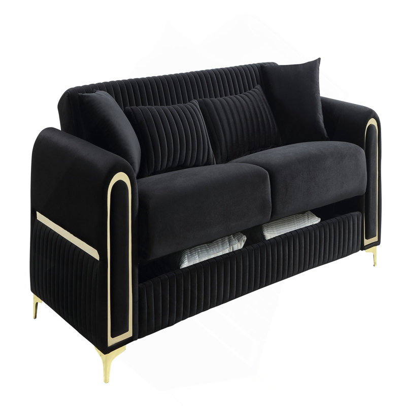Canapé moderne rembourré noir avec structure en bois de bouleau massif, assise à ressorts ensachés et pieds en acier inoxydable doré
