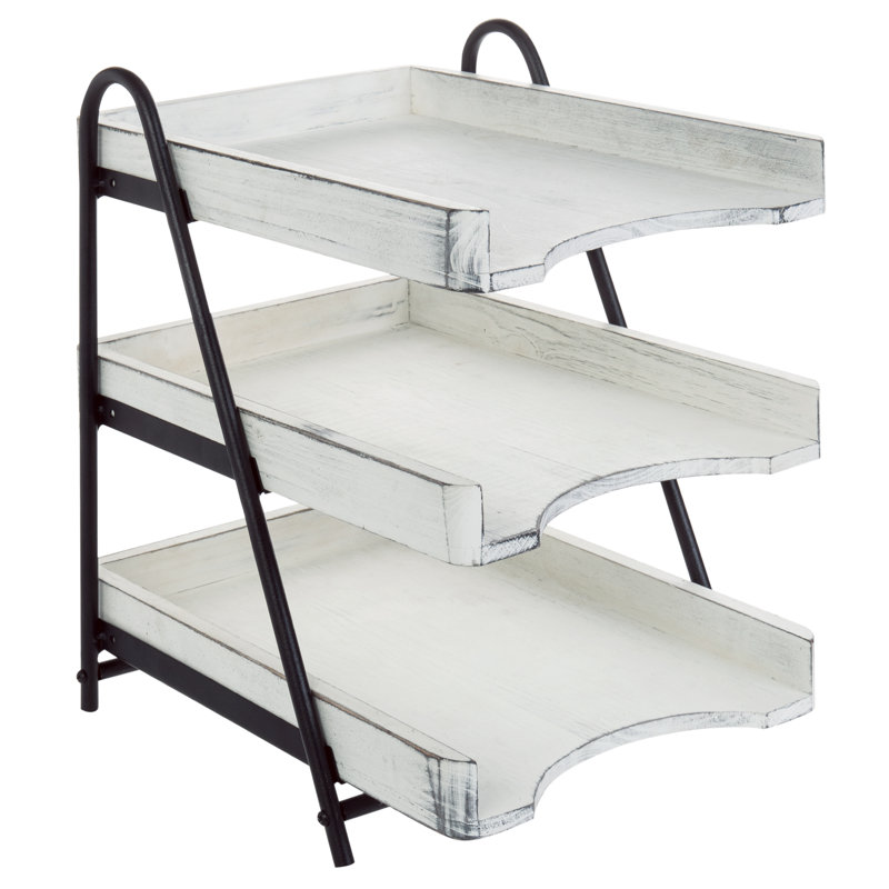 Vintage White Wood and Black Metal 3-Tier Office Desk Organizer