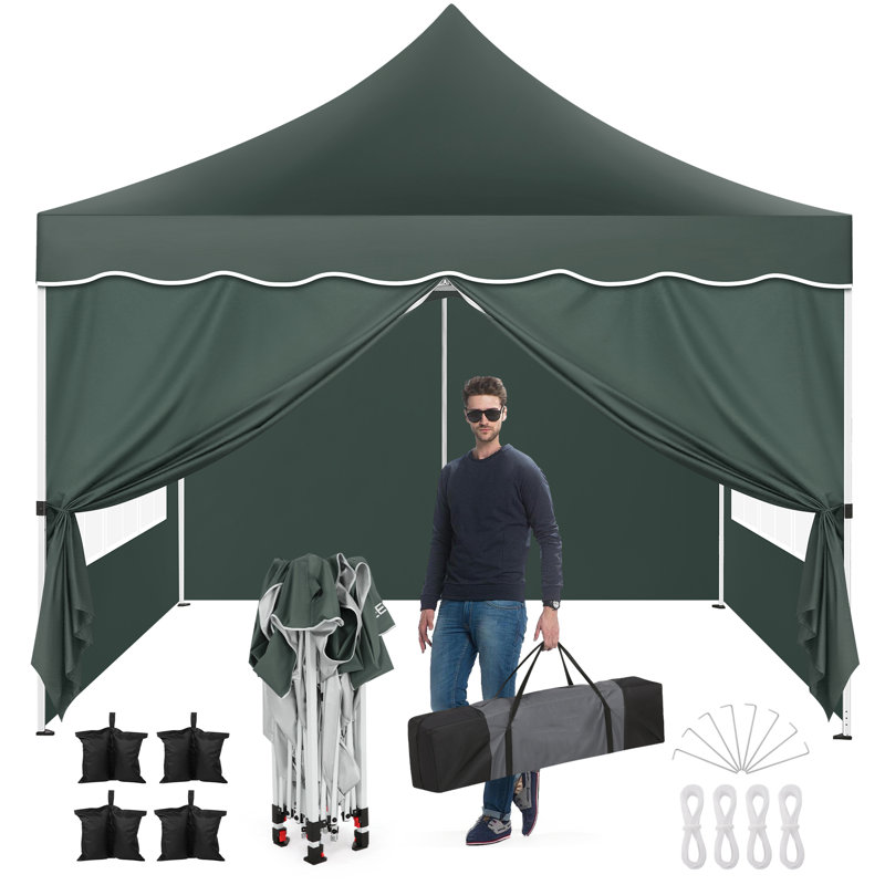 Tente 10 x 10 pop-up pour fêtes avec 4 parois latérales amovibles, 4 sacs de sable, 4 cordes, 4 piquets et bord ondulé, installation EZ pour une personne