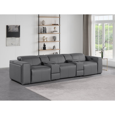 Top Grain Italian Leather Modular Power Triple Reclining Sofa With Dual Consoles & Power Adjustable Headrests