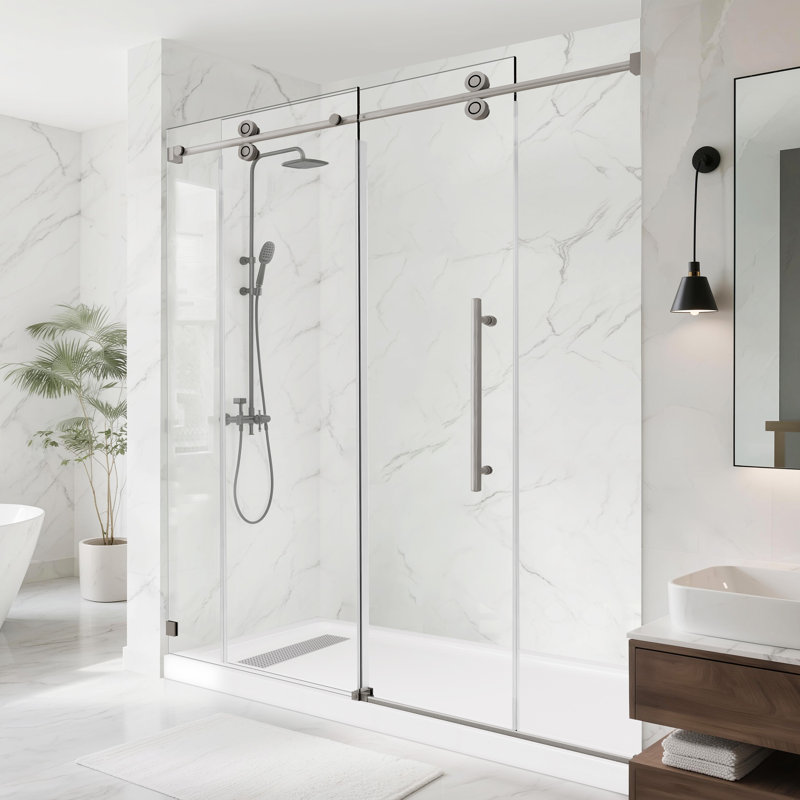72"W x 76"H Frameless Shower Door with 3/8" (10mm) Easy-Clean Glass, 2" Adjustable Stainless Steel Rail, Brushed Nickel