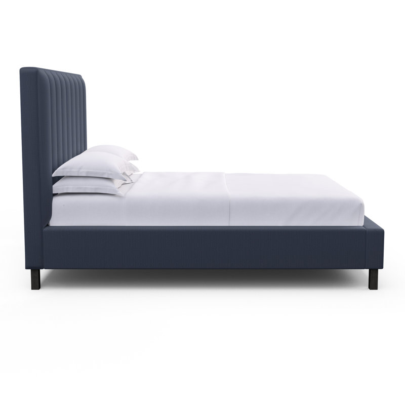Highline Upholstered Bed, Full, Box Weave Linen Blue Print, Ebony