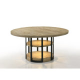 Eden 59" Round Rustic Oak Dining Table With LED Light, Black Metal Frame, Shelves