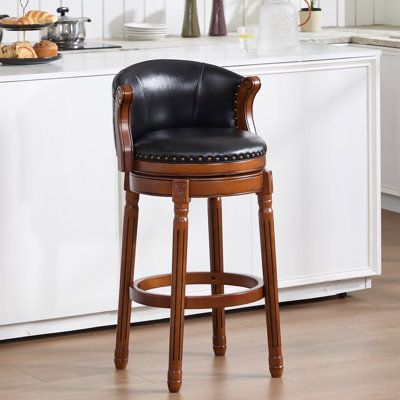 Swivel Bar Stool with Top-Grain Leather Seat, Soft Back, Rubber Wood Frame & Footrest for Kitchen, Dining, or Bar by Alcott Hill