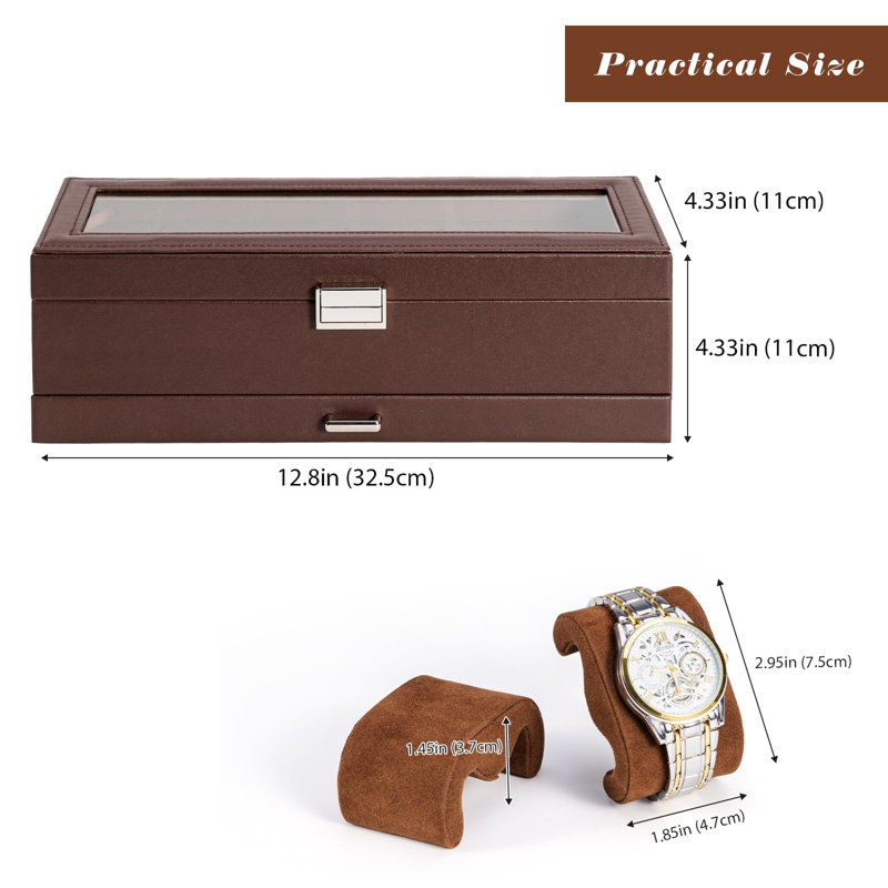 Boîte à montre, présentoir à montre à 6 fentes avec tiroir, boîte à montre pour homme avec couvercle en verre, rangement pour bijoux et porte-montre à 2 couches