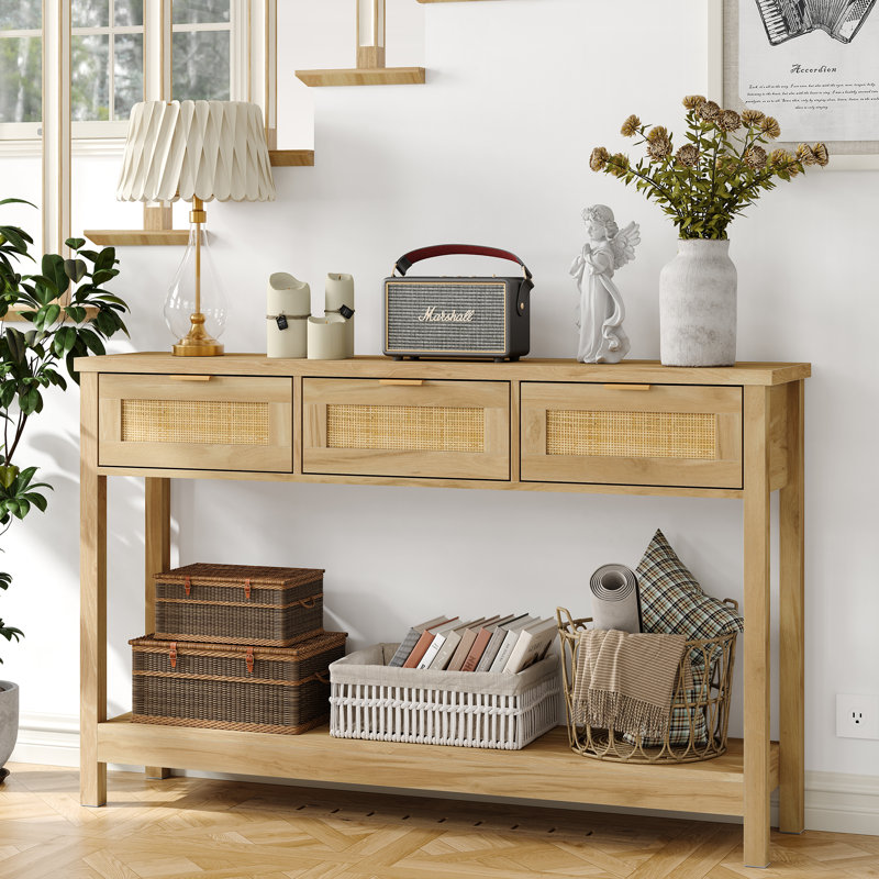 Ayjah 51.2" Wood Console Table with 3 Drawers,Rattan Entry Table for Entryway