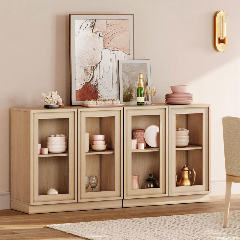 Buffet moderne 63 "avec 4 portes en verre, buffet multifonctionnel avec grand rangement et tablette réglable, Beige