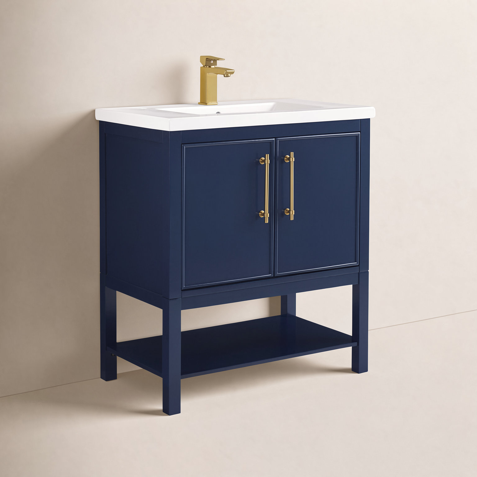 Jewell 30'' Single Bathroom Vanity, Navy Blue/Antique Brass