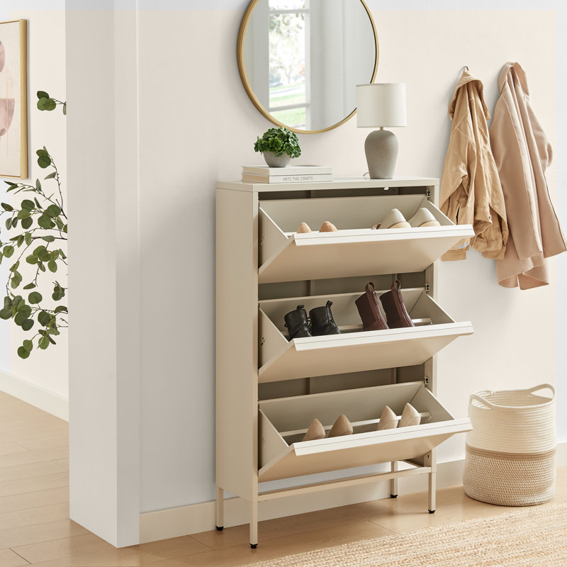 Erka Sleek Modern Metal Hallway Shoe Storage Cabinet With 3 Compartments - Bold Minimalist Style, Cream