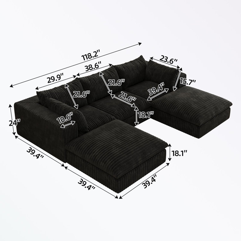 Canapé modulaire en velours côtelé avec assise profonde et 2 repose-pieds, Velours côtelé noir