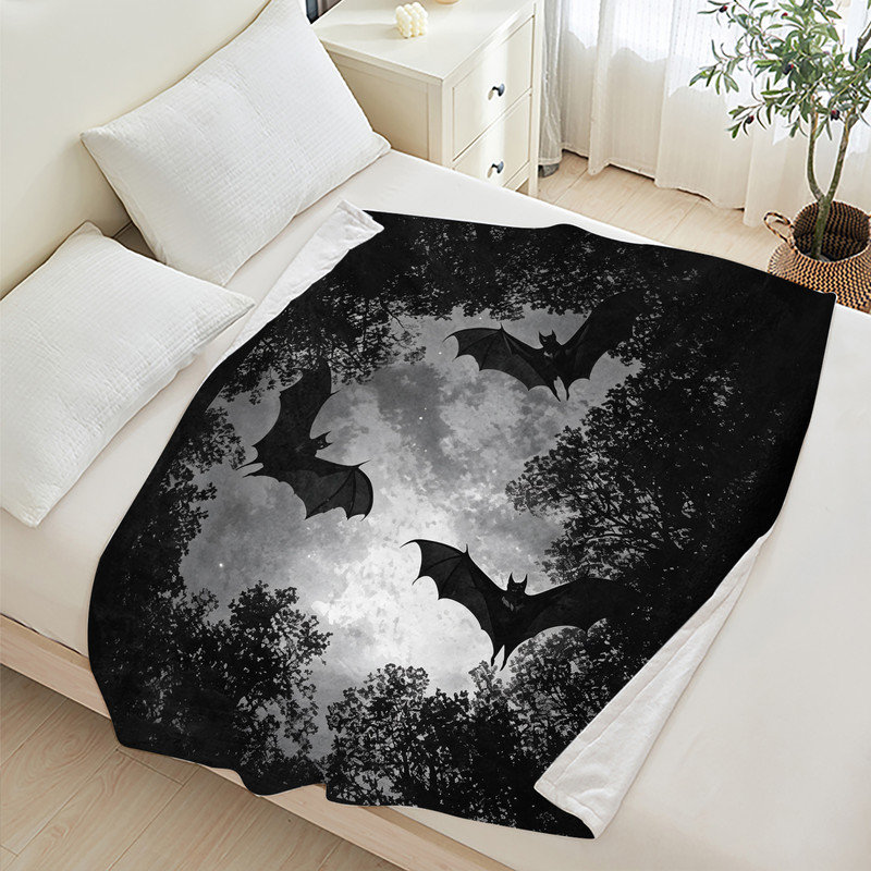 Plaid en flanelle polaire JYK Halloween, léger, respirant, doux et chaud en microfibre pelucheuse, 102 x 127 cm, motif silhouette de chauves-souris en forêt