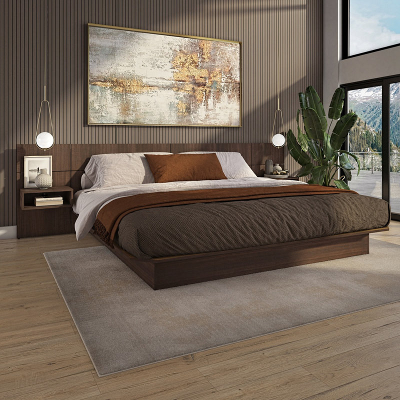 ZEN ALPHA Bedroom Platform Bed with Headboard and Wall Mounted Cube Nightstands (2) Easy Assembly No Box Spring Required