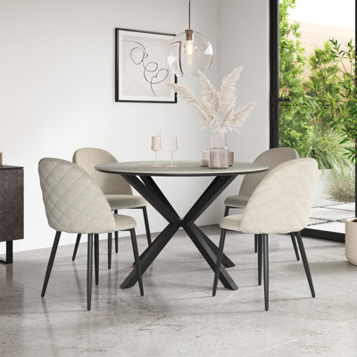 Calne 120cm Round Light Grey Ceramic Dining Table Set with 4 Raye Velvet Chairs