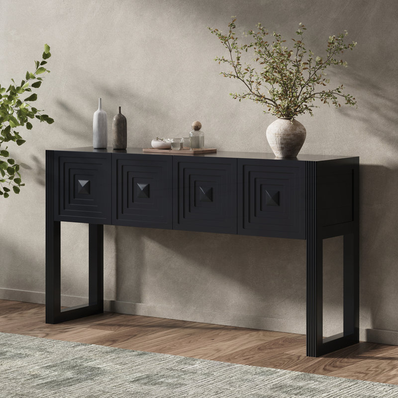 Console géométrique sculptée avec 3 tiroirs à fermeture en douceur, Noir