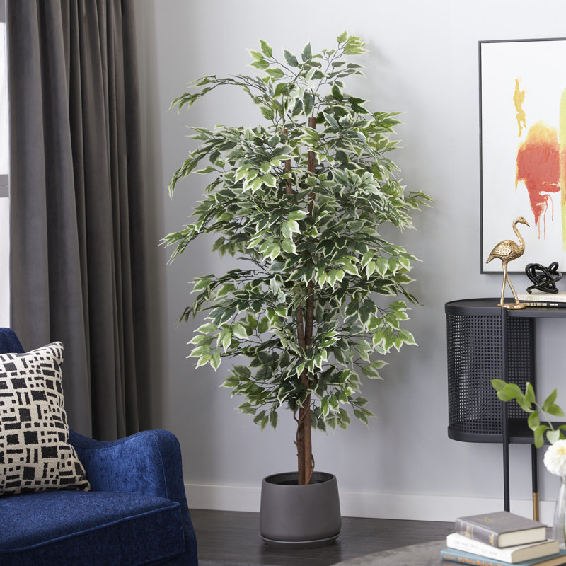 Faux Foliage Ficus Indoor Outdoor Green Artificial Tree with Realistic Leaves and Black Plastic Pot