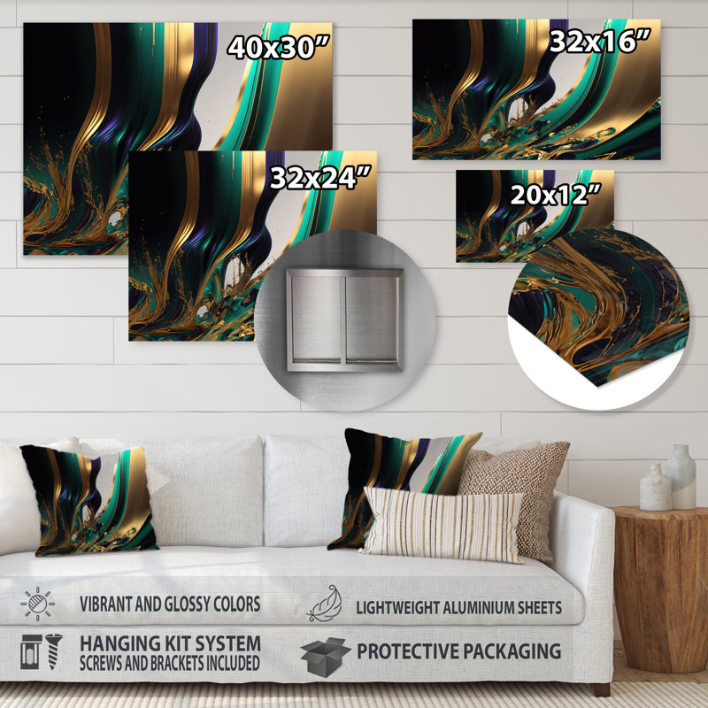Agate verte et dorée III - décoration murale moderne en métal, H 12 po x l 20 po x P 1 po