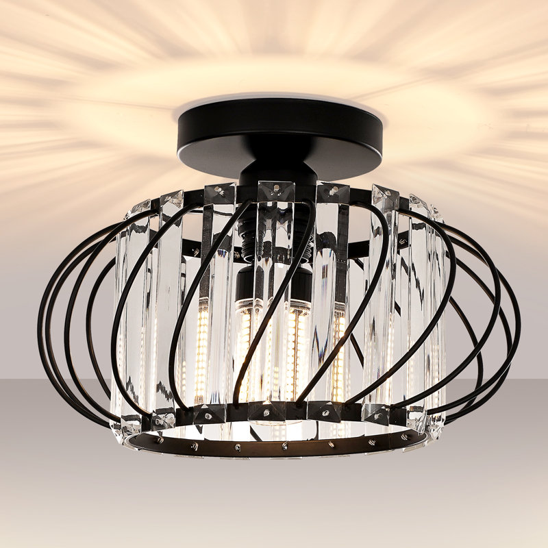 1-Light 11" Flush Mount Ceiling Light Modern Crystal Cage Black Fixture for Bedroom Hallyway Entryway, Black