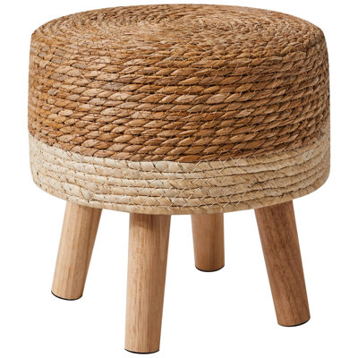 Hand Woven Seagrass Foot Stool 12.6X12.6X12.6 Inch White And Natural Wood Boho Ottoman For Living Room Bedroom Entryway Shoe Changing