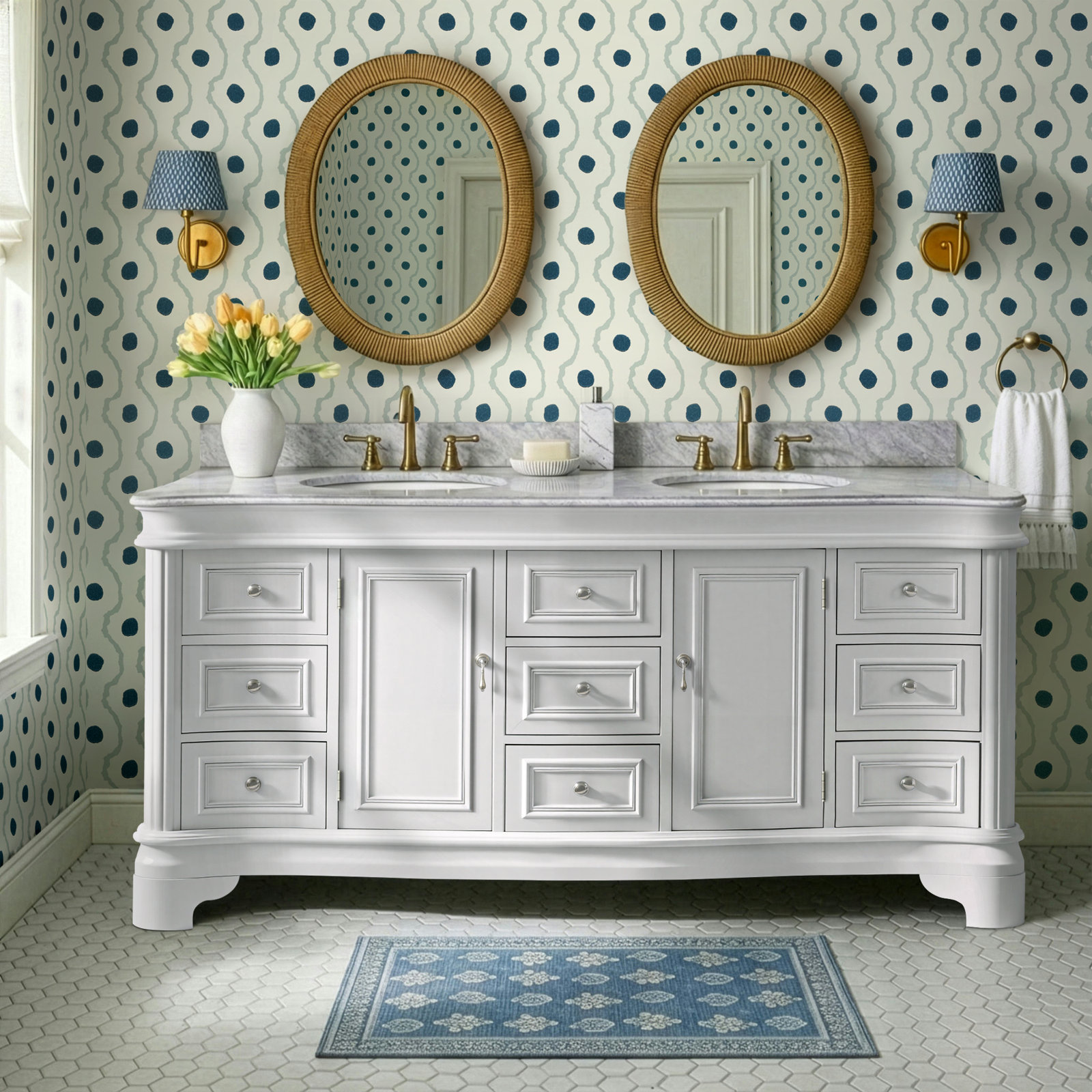 Twain 72" Carrara Marble Double Bathroom Vanity, Carrara Marble, White