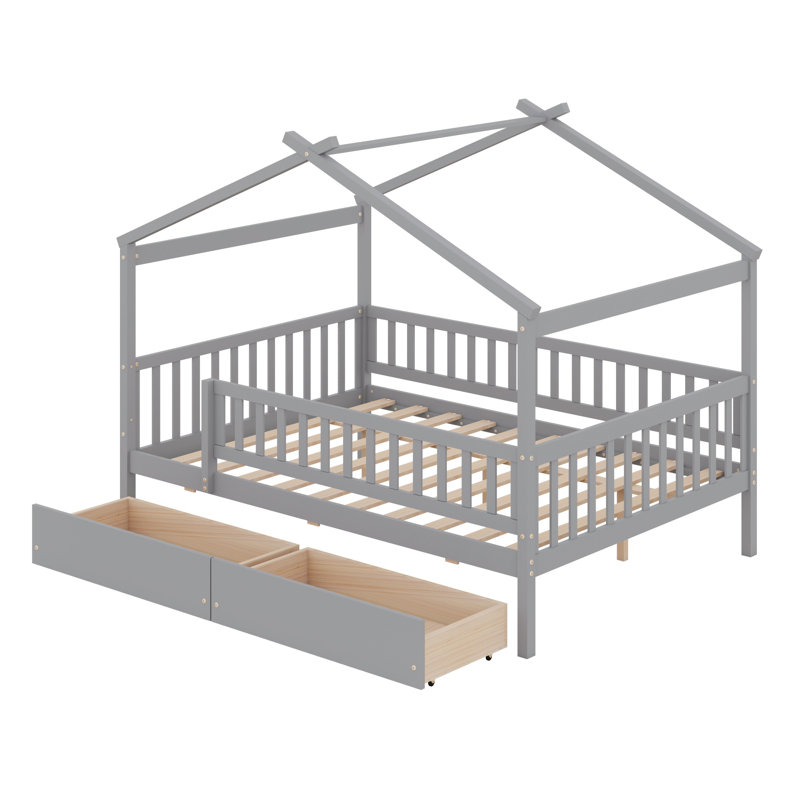Lit en bois avec deux tiroirs, Gris