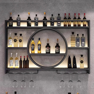 Metal Wall Mounted Wine Rack With LED Light, Modern 3-Tier Glass Holder And Stemware Shelves For Kitchen, Bar, Dining Room (Black, 100Cm/39.4In)