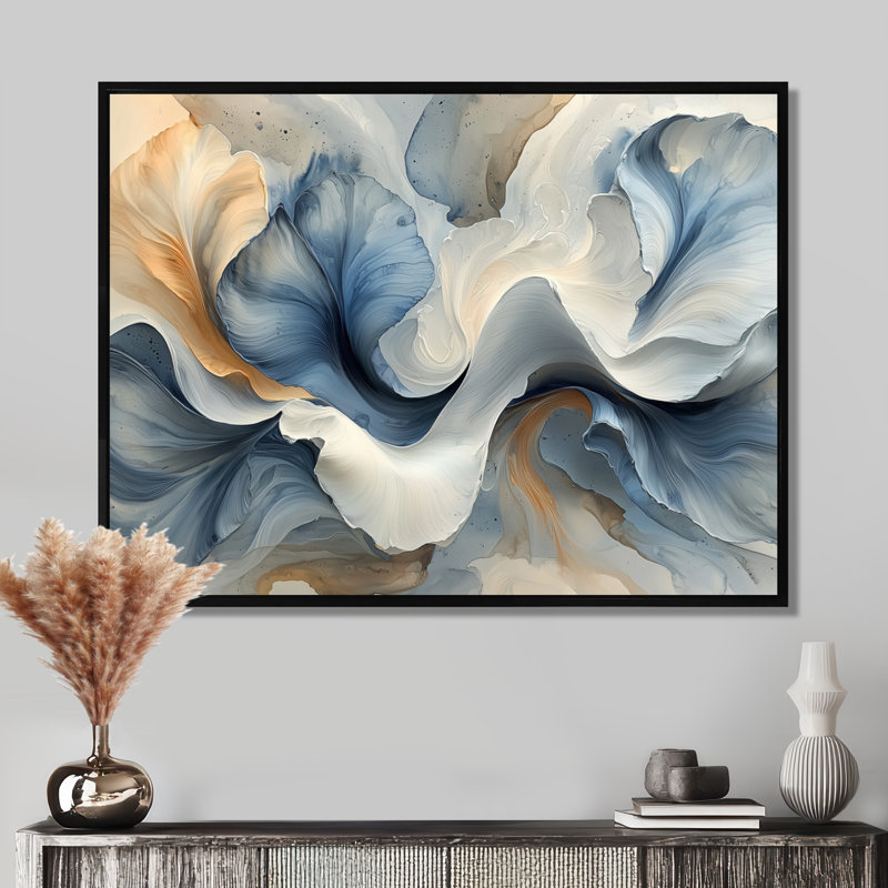 Ocean Blue Delicate Floral Petals IV - Abstract flowers Wall Art Decor, Floater Frame Print, 34" H x 44 W, Black