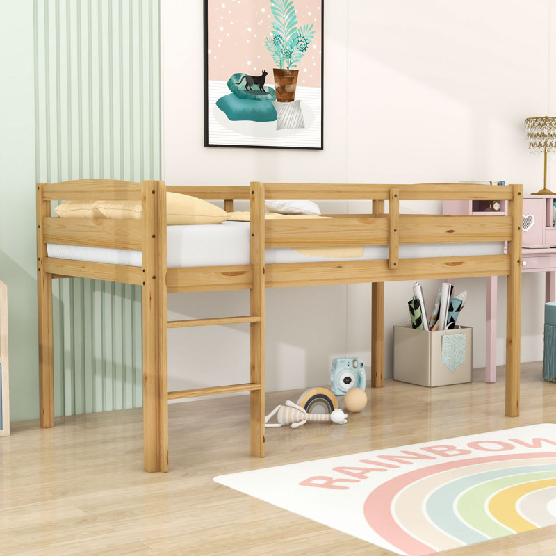 Twin Wood Loft Bed With Ladder And Guardrails, Natural