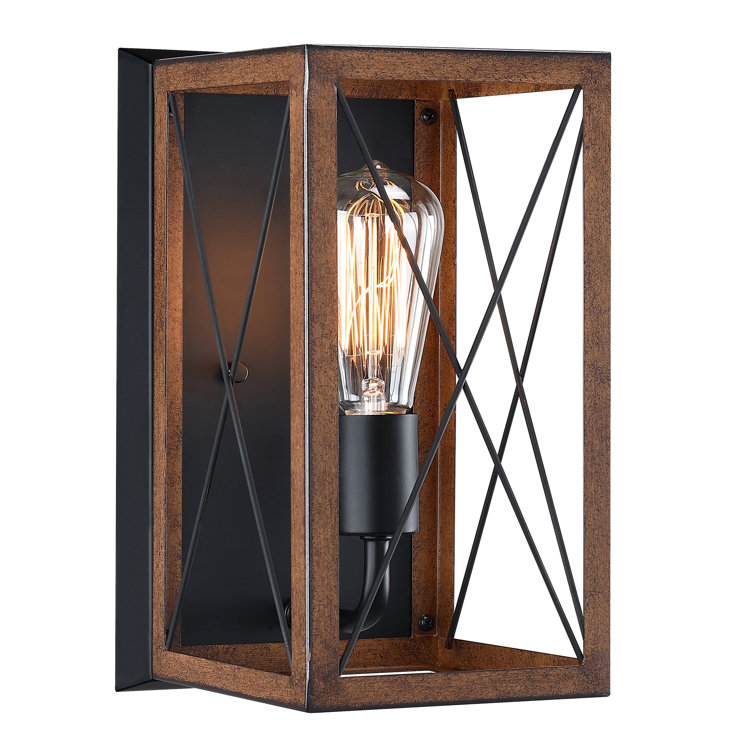 14.37" H 1-Light Black And Barnwood Accents Wall Lantern Sconce