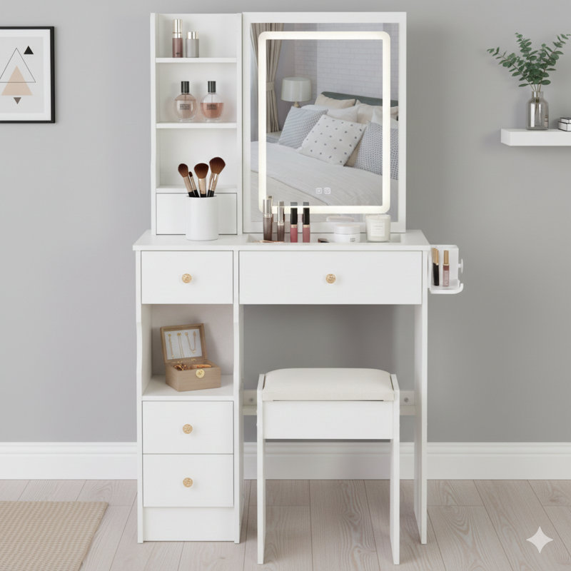 29.2-Inch Small-Sized Unit Combining A Left Drawer Desktop/Vanity Table And A Cushioned Stool. Features 2 AC Outlets + 2 USB Ports, A Hairdryer Bracket, And An Extra-Large Touch-Control Sliding LED Mirror With Tri-Color Switching And Adjustable Brightnes