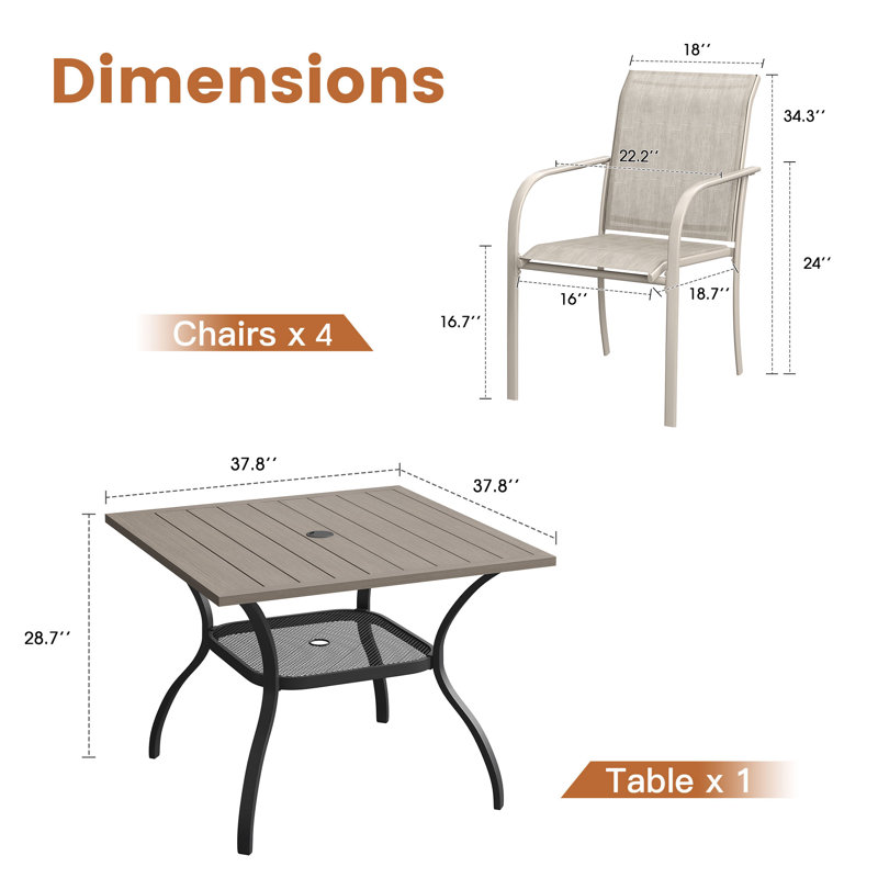 4-Person Patio Dining Set with Square Metal Dining Table and Stackable PVC-coated polyester Armrest Chairs