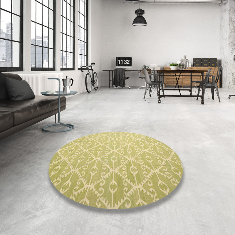 Tapis de zone beige/vert contemporain, Rond 5 pi