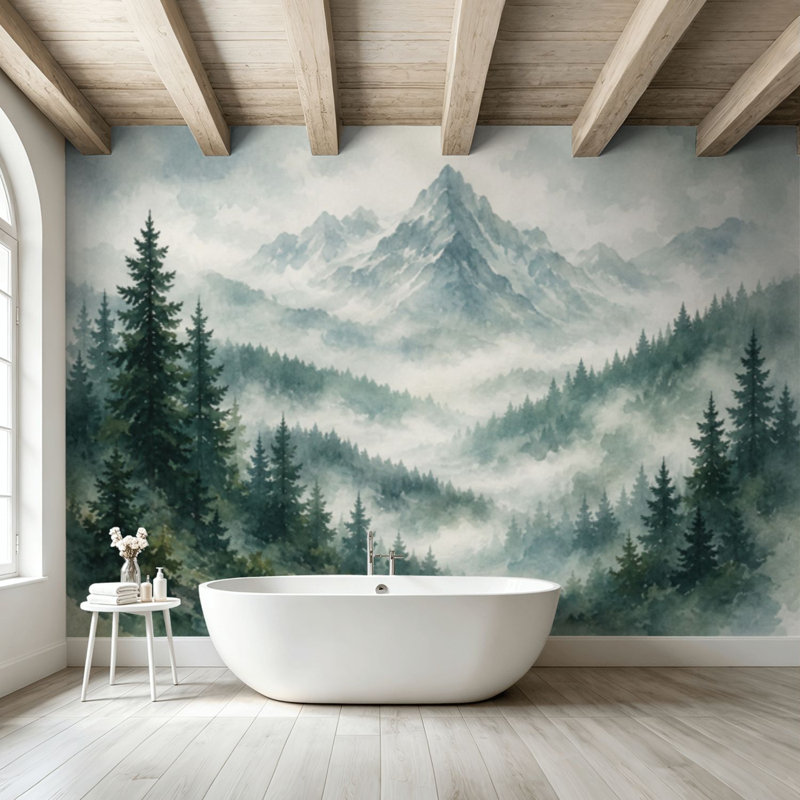 Papier peint adhésif pelez et collez, aquarelle, vert, forêt brumeuse, silhouette, magnifique art mural, adhésif et amovible