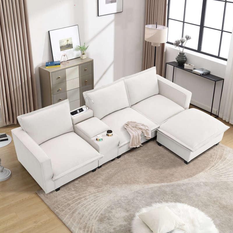 Canapé modulaire 109 po x 57 po avec console, port de charge USB, lampe de lecture, porte-gobelet, canapé modulaire en chenille 4 places