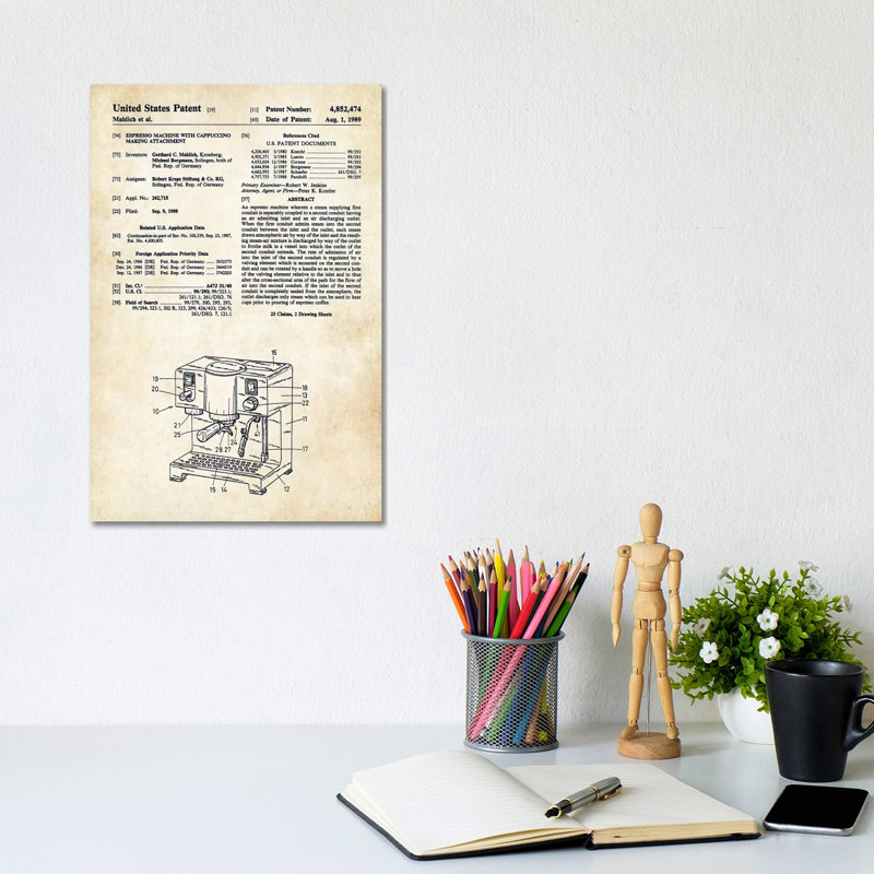 Esperesso And Cappucino Machine by Patent77 - Wrapped Canvas Painting, 20.32 cm H x 30.48 cm W