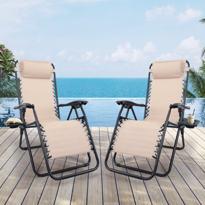 Zero Gravity Chair Patio Folding Lawn Outdoor Lounge Gravity Camp Reclining Lounge Chair With Cup Holder Pillows by Arlmont & Co.
