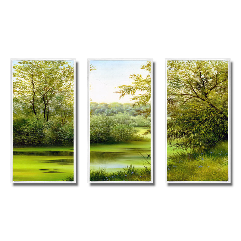 «Beautiful Summer River Through Trees Landscape», ensemble d'art mural sur toile encadré champêtre, Blanc