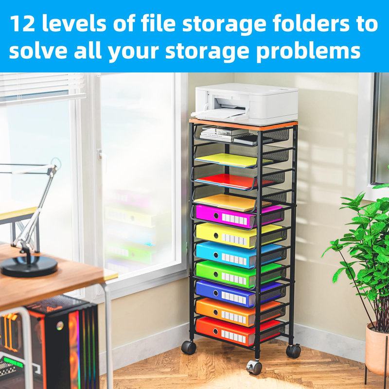 12-Tier Rolling File Cart With Sliding Trays - Wooden Top, Metal Mesh Storage For Office/Home