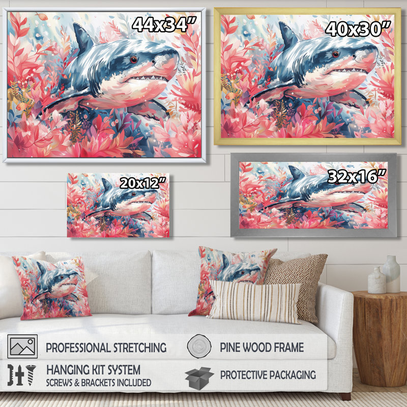 Aquarelle de requin rose gris et chasse II - grand requin, art mural, H 30 po x l 40 po, Toile tendue