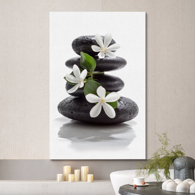Zen Stones "Basalt with Calming Plumeria Flowers Artwork, Relaxing Spa Bathroom Pictures, Extra Large Framed Canvas Giclee Print Wall Art"