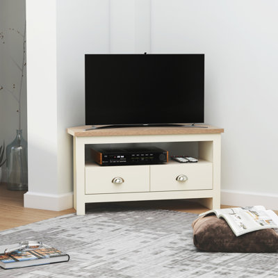 Meuble télé d'angle avec tiroirs et rangement ouvert pour le salon