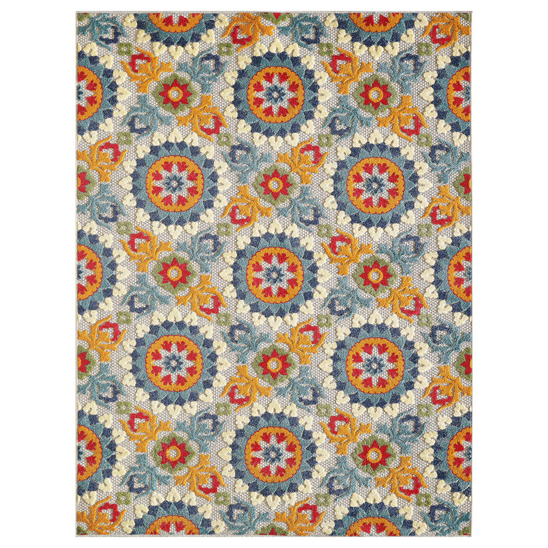 Tapis floral intérieur / extérieur orange / rouge / bleu, Rectangle 5 pi x 7 pi