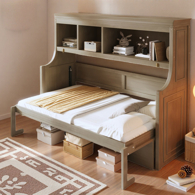 Lit escamotable intégré avec bureau et tablettes de rangement, Gris