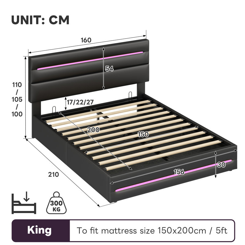 Upholstered Bed With Storage, Led And Usb Linen Black, Kingsize (5')