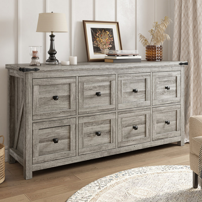 Commode double à 8 tiroirs Cueto, Pin gris