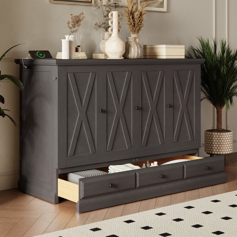 Murphy Bed Chest Cube Cabinet Bed with Charging Station and Large Storage Drawer, Full, Gray