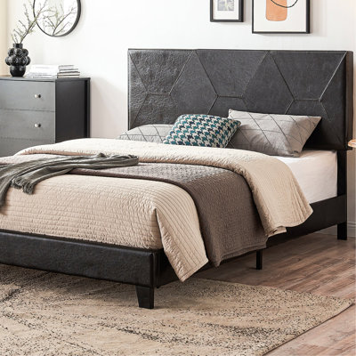 Structure de lit grand tapissier avec tête de lit pliable - Pu noir, support en lattes de bois, simple à assembler, sans sommier, convient aux matelas de 8 pouces et plus, 500 lb de poids moderne en tissu pu, facile