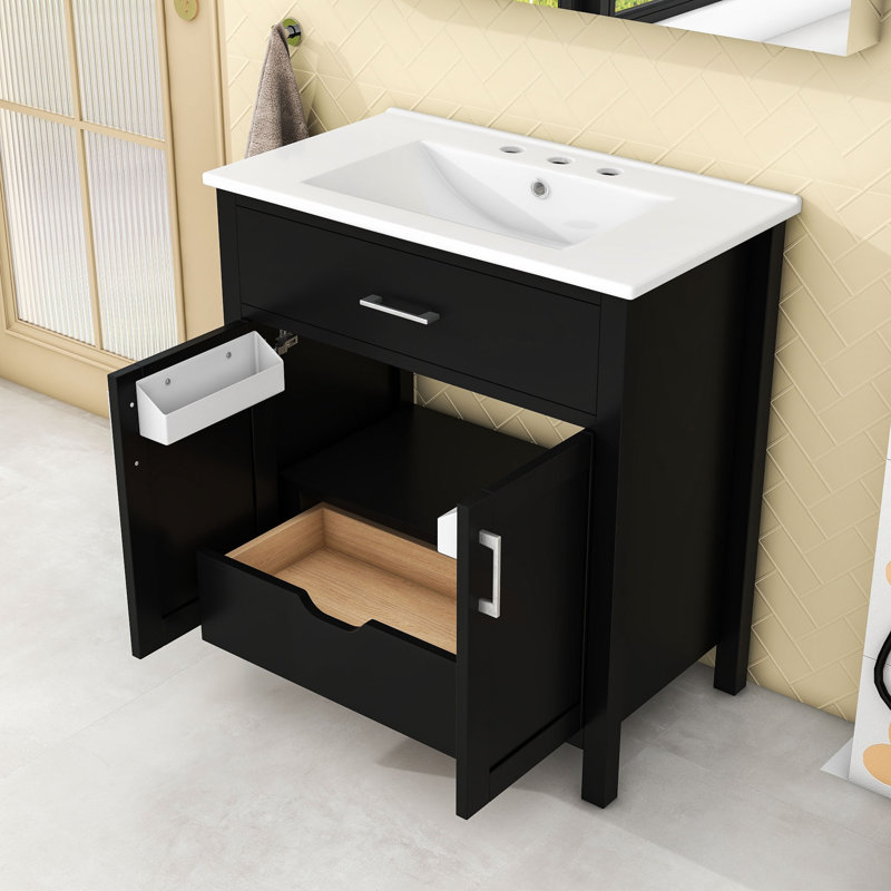 Meuble-lavabo de rangement avec lavabo en céramique et 2 portes Cabient, Noir, noir, noir, noir