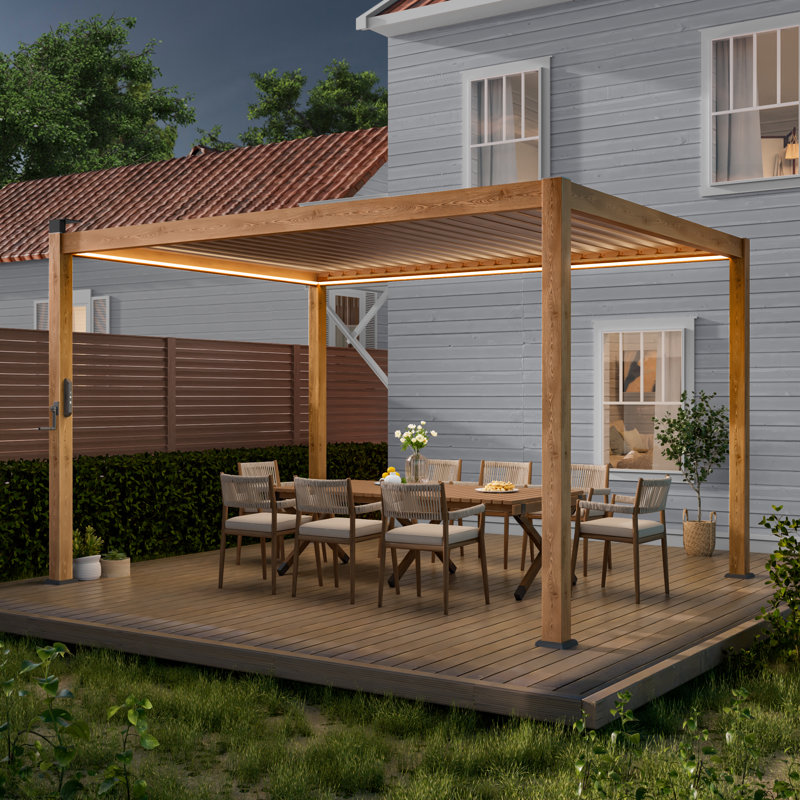 Patio Louvered Aluminum Pergola with Solar LED, Wood Texture, 10 Ft. x 13 Ft.	