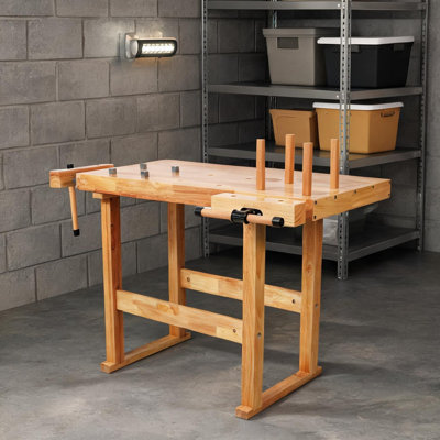 Warm Natural Rubber Wood Workbench, Heavy-Duty 40-Inch, 330 lb Capacity with Adjustable Handle